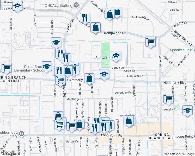 map of restaurants, bars, coffee shops, grocery stores, and more near in Houston