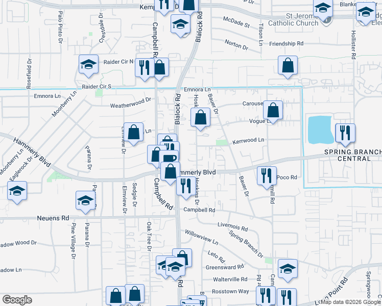 map of restaurants, bars, coffee shops, grocery stores, and more near 2125 Hoskins Drive in Houston