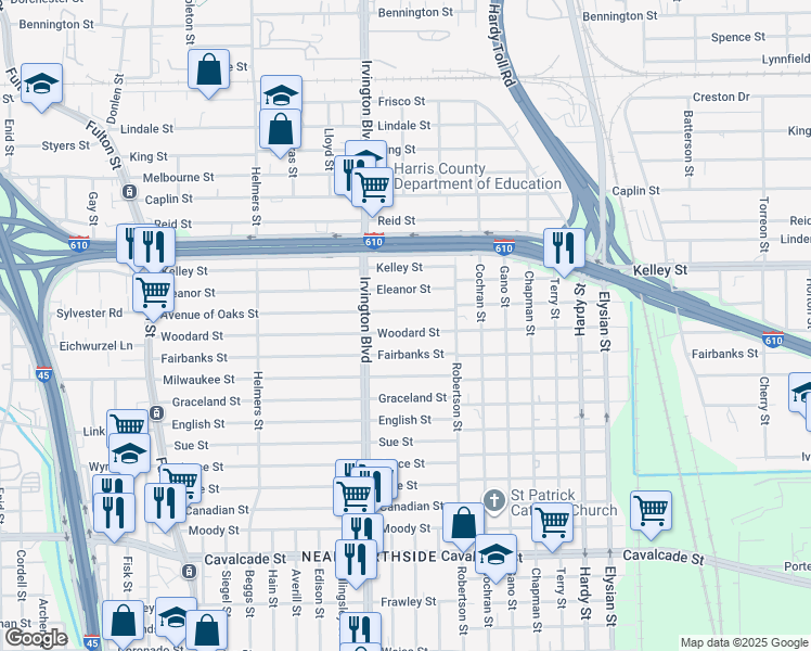 map of restaurants, bars, coffee shops, grocery stores, and more near 815 Woodard Street in Houston