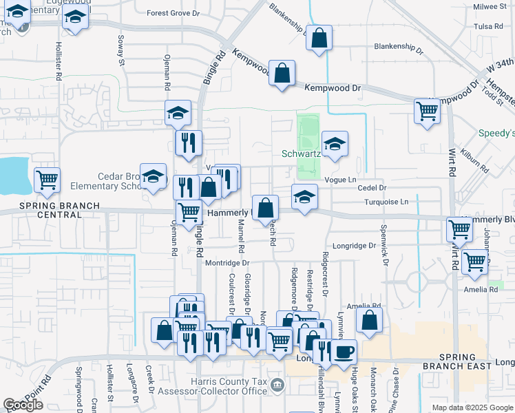 map of restaurants, bars, coffee shops, grocery stores, and more near 8424 Hammerly Boulevard in Houston