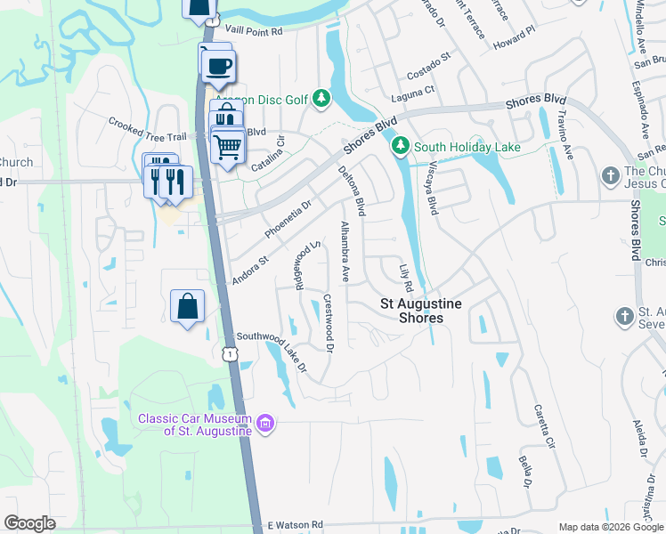 map of restaurants, bars, coffee shops, grocery stores, and more near 1061 Ridgewood Lane in St. Augustine