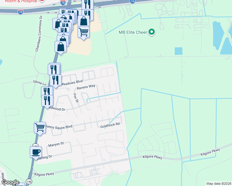 map of restaurants, bars, coffee shops, grocery stores, and more near 10807 Redwood Drive in Baytown