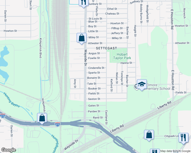 map of restaurants, bars, coffee shops, grocery stores, and more near 7943 Bonaire Street in Houston