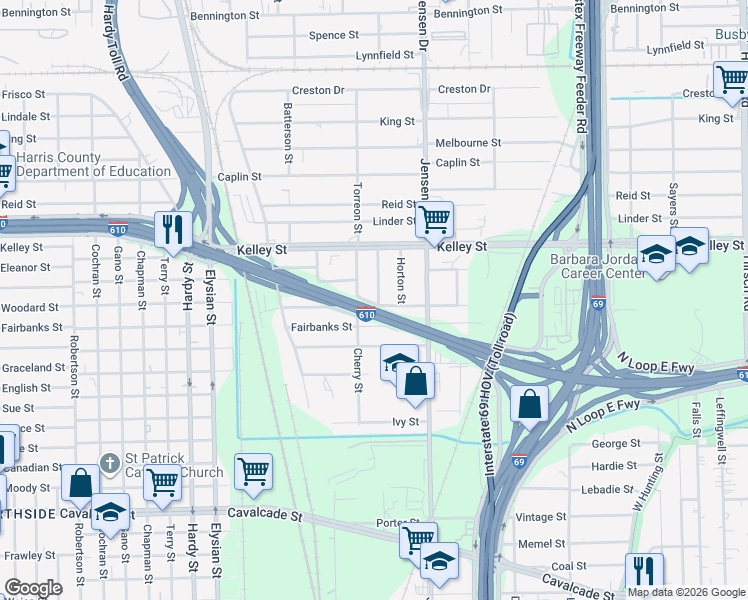 map of restaurants, bars, coffee shops, grocery stores, and more near 2617 Woodard Street in Houston