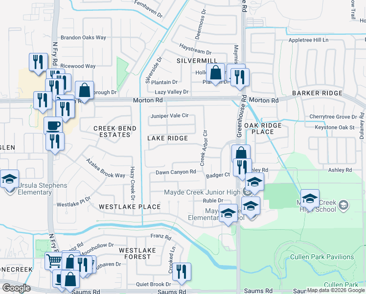map of restaurants, bars, coffee shops, grocery stores, and more near 19415 Brook Village Road in Houston