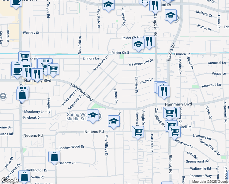 map of restaurants, bars, coffee shops, grocery stores, and more near 2307 Parana Drive in Houston