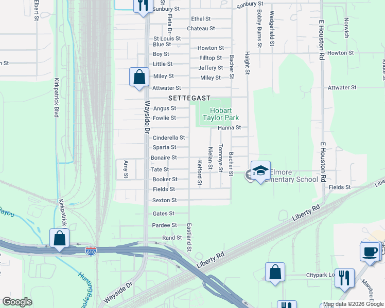 map of restaurants, bars, coffee shops, grocery stores, and more near 5414 Kelford Street in Houston