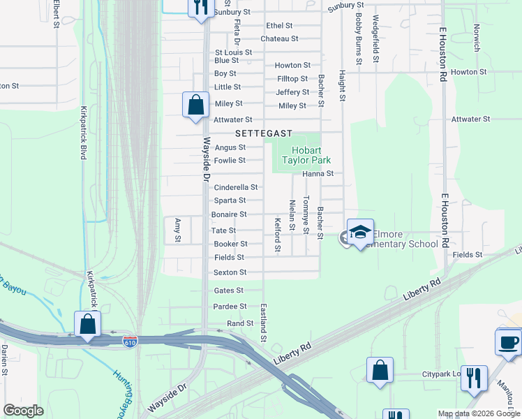 map of restaurants, bars, coffee shops, grocery stores, and more near 7976 Bonaire Street in Houston