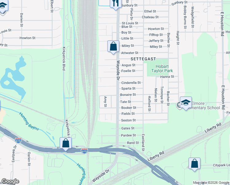 map of restaurants, bars, coffee shops, grocery stores, and more near 5422 North Wayside Drive in Houston