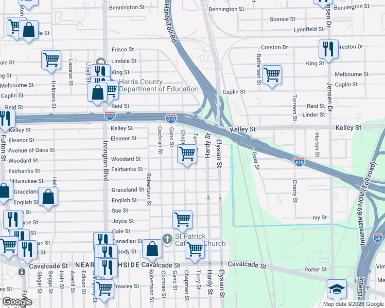map of restaurants, bars, coffee shops, grocery stores, and more near 1508 Woodard Street in Houston