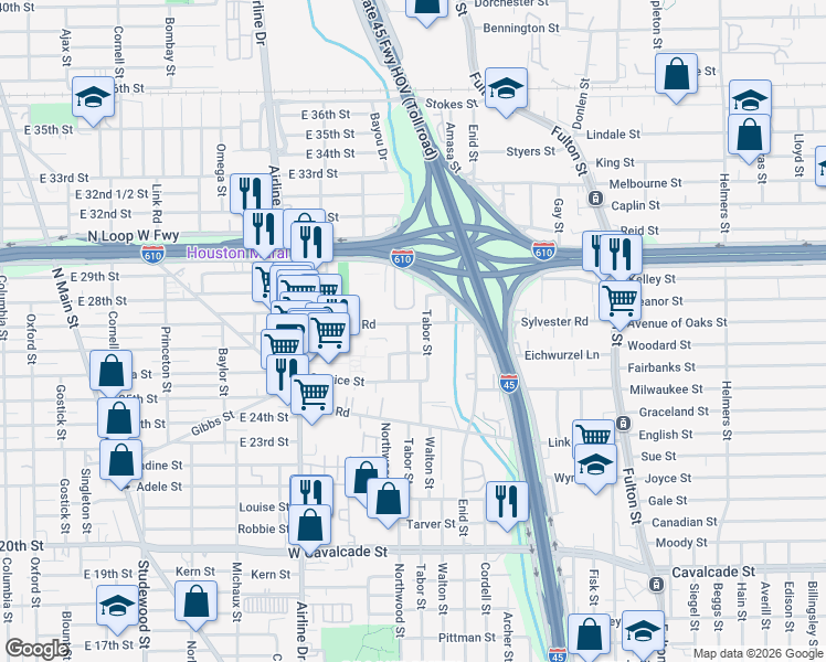 map of restaurants, bars, coffee shops, grocery stores, and more near 1842 Angeline Street in Houston