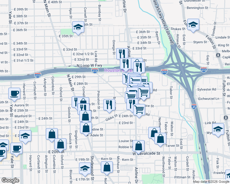 map of restaurants, bars, coffee shops, grocery stores, and more near 2610 Baylor Street in Houston