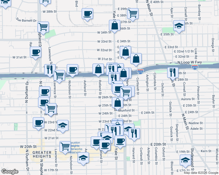 map of restaurants, bars, coffee shops, grocery stores, and more near 214 West 27th Street in Houston