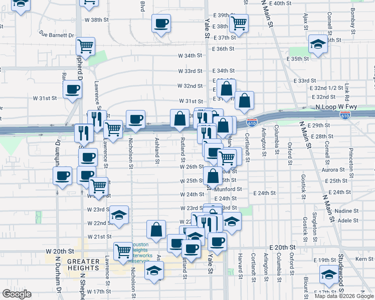 map of restaurants, bars, coffee shops, grocery stores, and more near 2614 Rutland Street in Houston