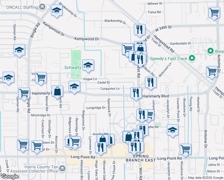 map of restaurants, bars, coffee shops, grocery stores, and more near 7946 Hammerly Boulevard in Houston