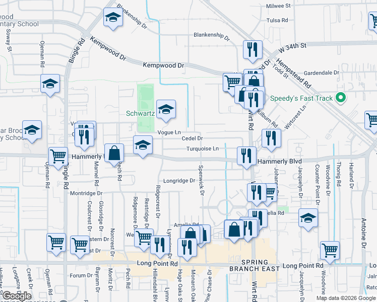 map of restaurants, bars, coffee shops, grocery stores, and more near 8010 Hammerly Boulevard in Houston