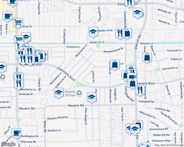 map of restaurants, bars, coffee shops, grocery stores, and more near 2307 Parana Drive in Houston