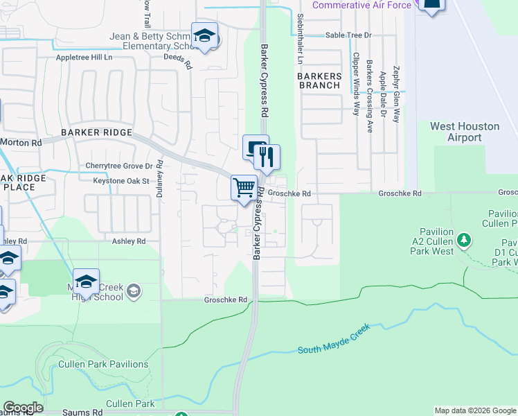 map of restaurants, bars, coffee shops, grocery stores, and more near 2926 Barker Cypress Road in Houston