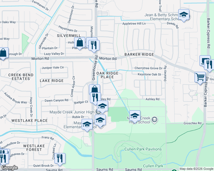 map of restaurants, bars, coffee shops, grocery stores, and more near 19010 Youpon Hill Court in Houston