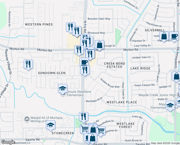map of restaurants, bars, coffee shops, grocery stores, and more near 19955 Ashland Brook Court in Houston