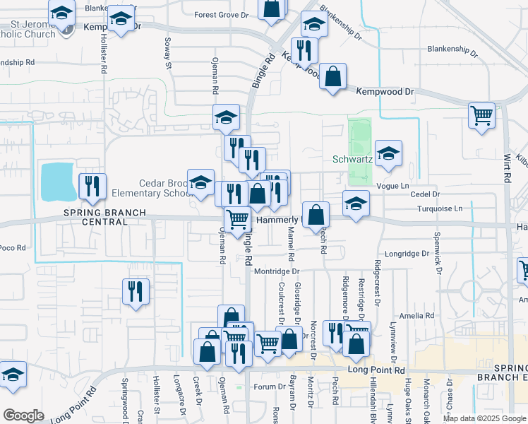 map of restaurants, bars, coffee shops, grocery stores, and more near in Houston