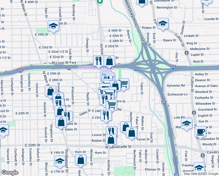 map of restaurants, bars, coffee shops, grocery stores, and more near 2566 Airline Drive in Houston
