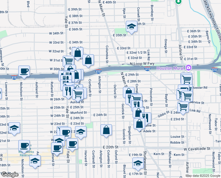 map of restaurants, bars, coffee shops, grocery stores, and more near 508 East 27th Street in Houston