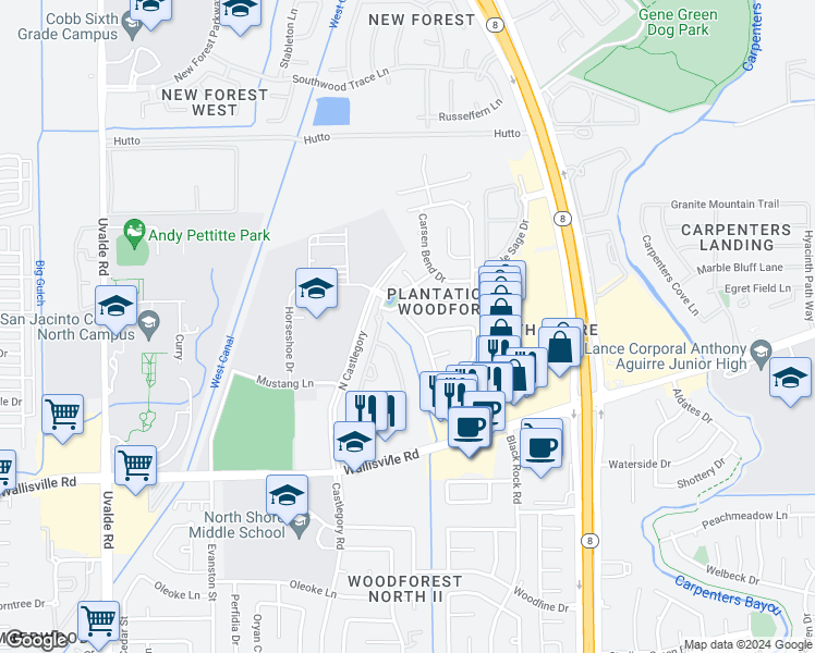 map of restaurants, bars, coffee shops, grocery stores, and more near 419 Overland Park Drive in Houston