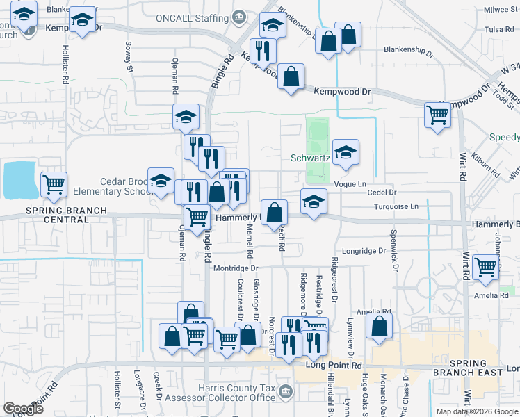 map of restaurants, bars, coffee shops, grocery stores, and more near 8426 Hammerly Boulevard in Houston