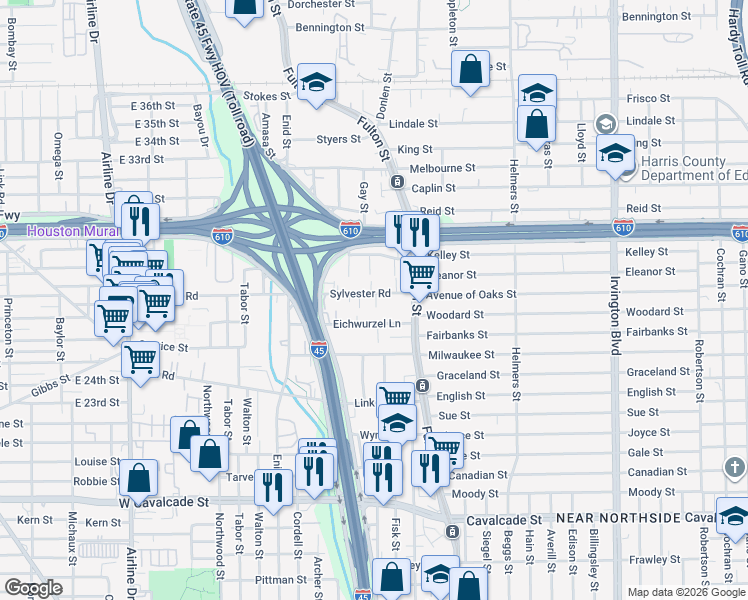 map of restaurants, bars, coffee shops, grocery stores, and more near 207 Sylvester Road in Houston