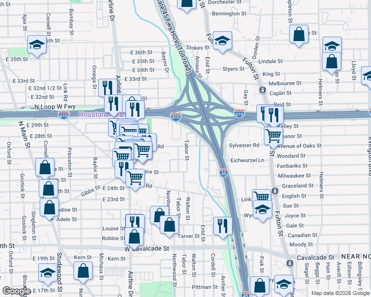 map of restaurants, bars, coffee shops, grocery stores, and more near 1842 Angeline Street in Houston