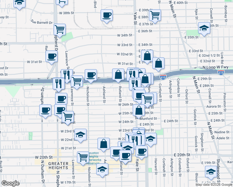 map of restaurants, bars, coffee shops, grocery stores, and more near 2614 Rutland Street in Houston