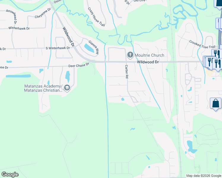 map of restaurants, bars, coffee shops, grocery stores, and more near 590 Hayley Road in St. Augustine