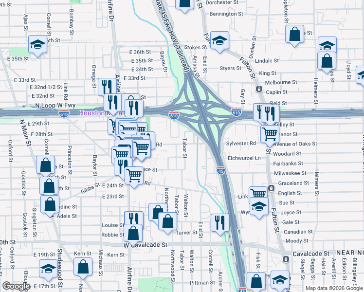 map of restaurants, bars, coffee shops, grocery stores, and more near 1842 Angeline Street in Houston