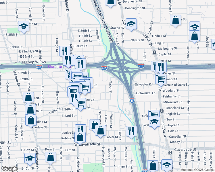map of restaurants, bars, coffee shops, grocery stores, and more near 1842 Angeline Street in Houston