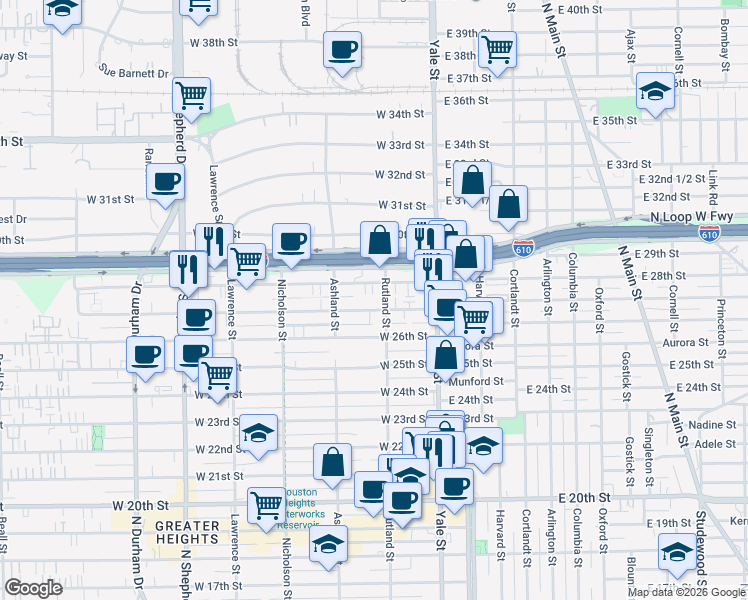 map of restaurants, bars, coffee shops, grocery stores, and more near 2614 Rutland Street in Houston