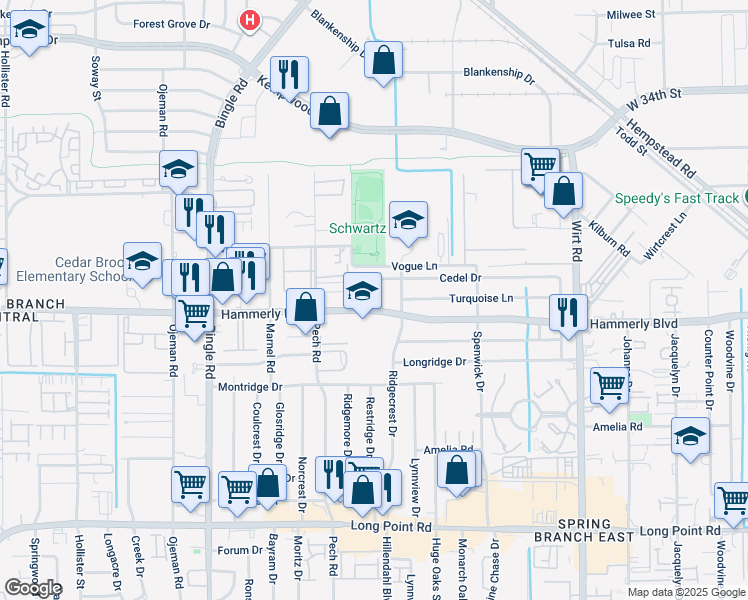 map of restaurants, bars, coffee shops, grocery stores, and more near in Houston