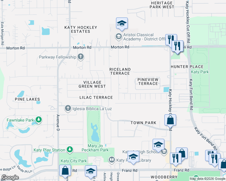 map of restaurants, bars, coffee shops, grocery stores, and more near 2521 Patna Drive in Katy