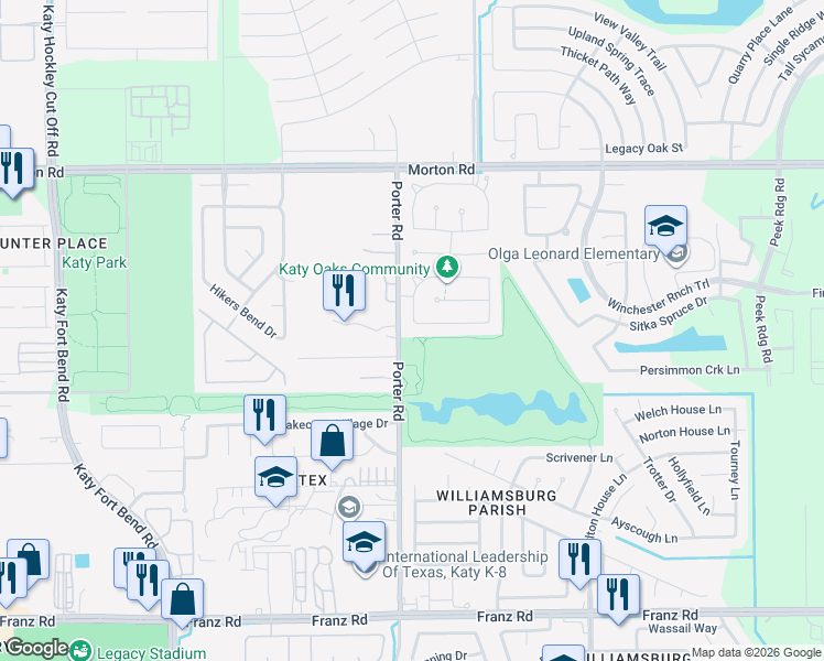 map of restaurants, bars, coffee shops, grocery stores, and more near 24135 Adobe Ridge Lane in Katy
