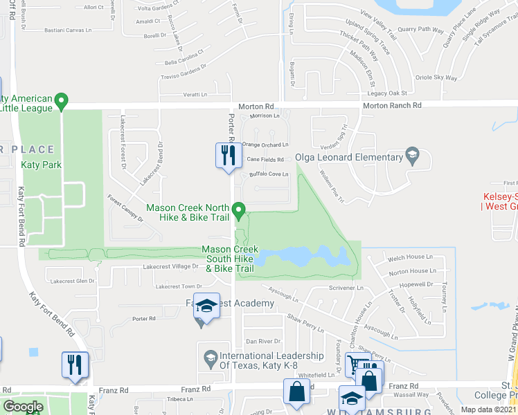 map of restaurants, bars, coffee shops, grocery stores, and more near 24111 Adobe Ridge Lane in Katy