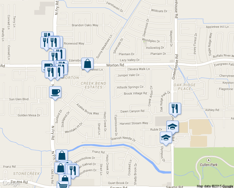 map of restaurants, bars, coffee shops, grocery stores, and more near 2910 Ridge Scene Way in Houston