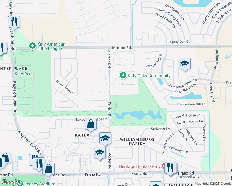 map of restaurants, bars, coffee shops, grocery stores, and more near 24111 Adobe Ridge Lane in Katy