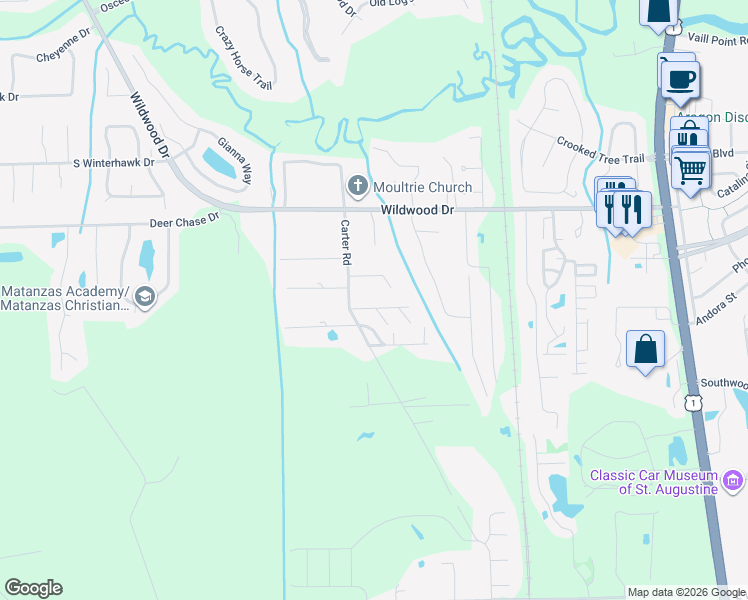 map of restaurants, bars, coffee shops, grocery stores, and more near 4380 Carter Road in St. Augustine