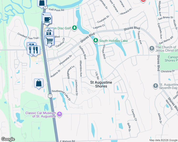 map of restaurants, bars, coffee shops, grocery stores, and more near 222 Deltona Boulevard in St. Augustine