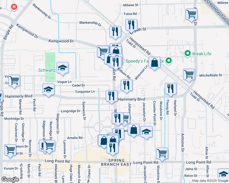 map of restaurants, bars, coffee shops, grocery stores, and more near 2101 Wirtcrest Lane in Houston