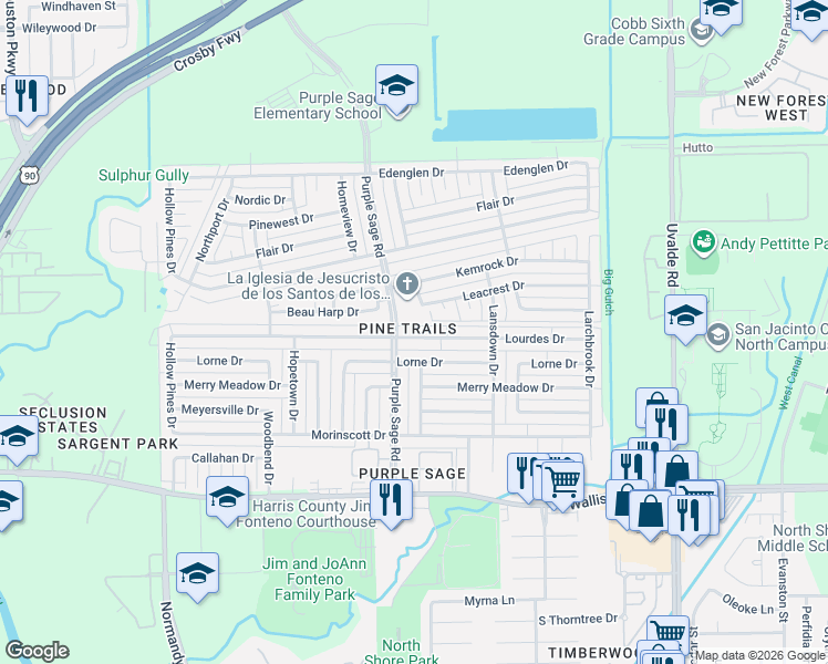 map of restaurants, bars, coffee shops, grocery stores, and more near 14402 Lourdes Drive in Houston