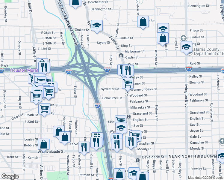 map of restaurants, bars, coffee shops, grocery stores, and more near 207 Sylvester Road in Houston
