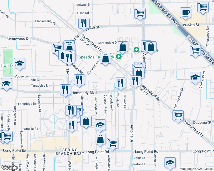 map of restaurants, bars, coffee shops, grocery stores, and more near 2207 Counter Point Drive in Houston