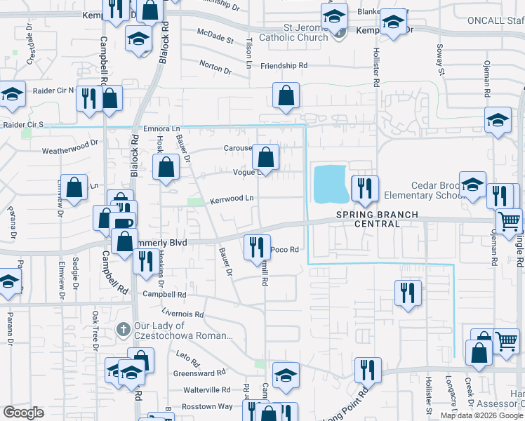 map of restaurants, bars, coffee shops, grocery stores, and more near 2124 Rosenthal Lane in Houston