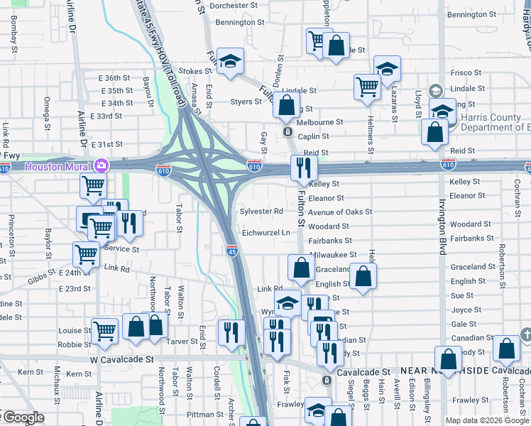 map of restaurants, bars, coffee shops, grocery stores, and more near 207 Sylvester Road in Houston